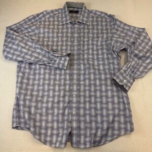 BUGATCHI Men's XXL Long Sleeve Plaid Dress Shirt Button Down Blue White